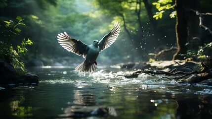 A tranquil river with light reflecting on the water and a dove in flight, symbolizing the Holy Spirit's calming presence