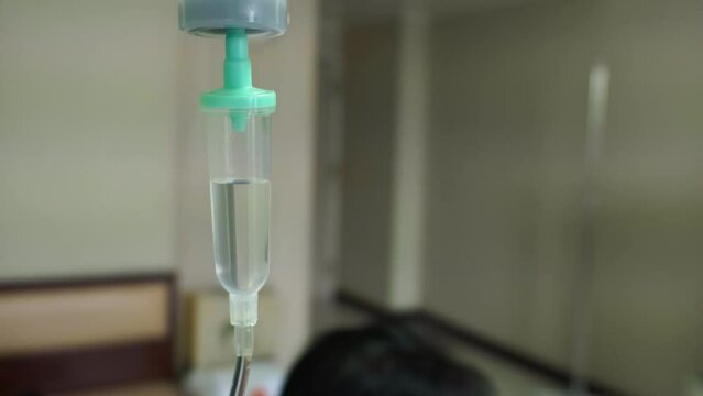 Close up of saline solution, saline bag in emergency at hospital ward.