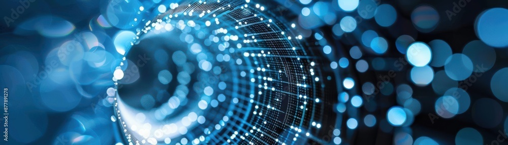 Poster abstract digital tunnel with blue light particles and bokeh effect, representing futuristic technolo