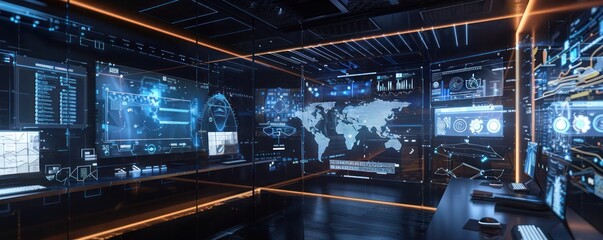 Fototapeta premium A digital transformation command center with virtual reality headsets, holographic interface panels, and AI analytics driving business insights.