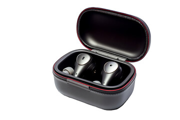 Wireless earphones charging case PNG image with transparent background for tech and product design