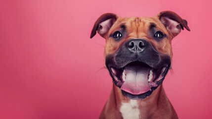 Obraz premium Portrait photography of a cute little Staffordshire Bull Terrier happy smiling , studio shot isolated on single color background ,editorial style, shoot by DSLR .