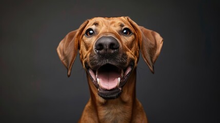 Portrait photography of a cute little Rhodesian Ridgeback happy smiling , studio shot isolated on single color background ,editorial style, shoot by DSLR .