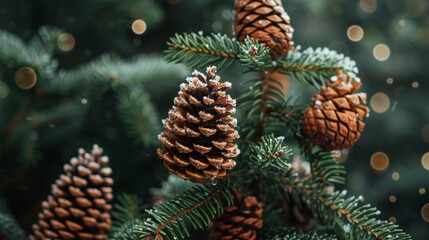 **Frosted Pine Cones** A close-up image of pine cones covered in frost on a pine branch with a bokeh background. winter or holiday themes.