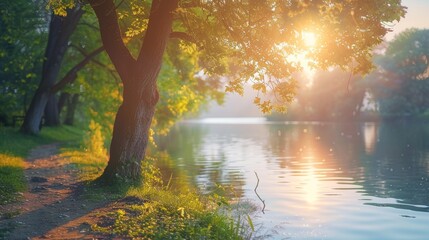 Golden Hour Reflections: Tranquil Lake, Sunlit Trees. This picturesque scene captures the beauty of a golden hour sunset with its warm light and reflections on a still lake.