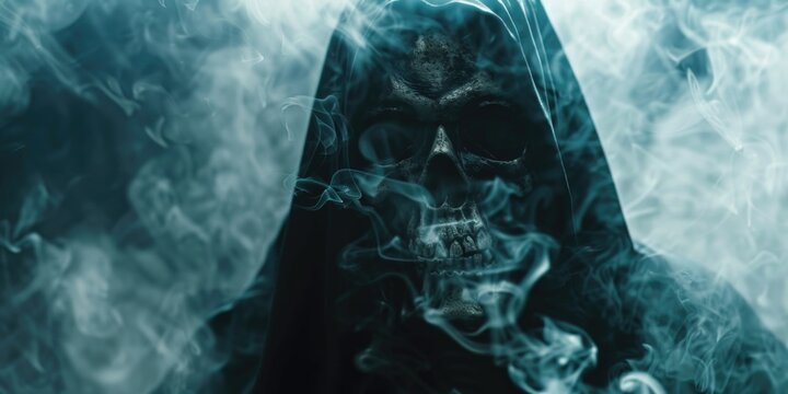 A mysterious figure in a hooded cloak exhales smoke, creating an air of mystery and intrigue