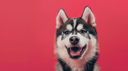 Portrait photography of a cute little Alaskan Malamute happy smiling , studio shot isolated on single color background ,editorial style, shoot by DSLR .