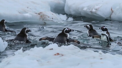 Penguins swimming in icy water. nature,wildlife,and travel projects.