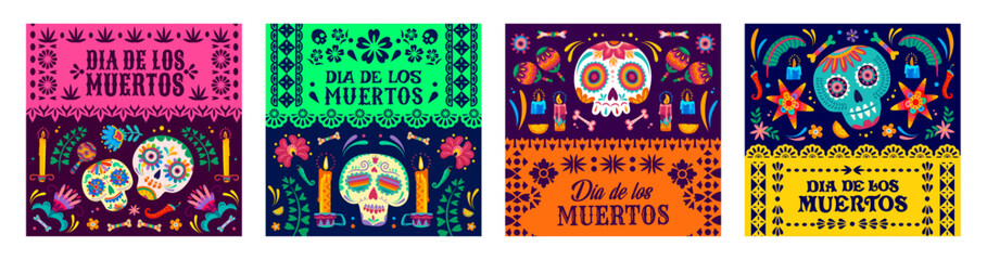Day of the Dead papel picado paper cut flags with Dia de los Muertos sugar skulls, maracas and ofrenda candles. Vector mexican Halloween skulls and festive bunting garland with ethnic floral pattern