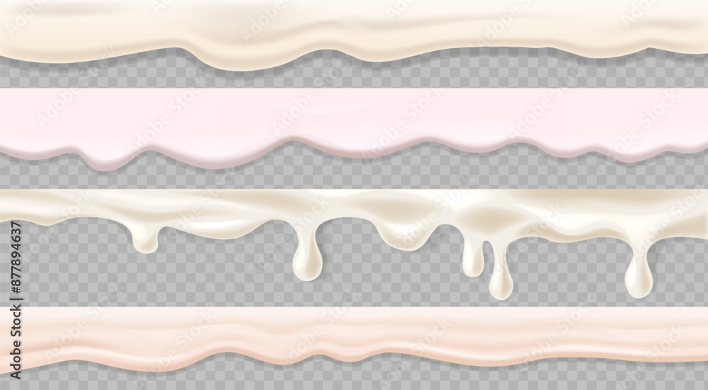 Poster set of flowing cream textures isolated on transparent background. realistic 3d vector creamy, drippi