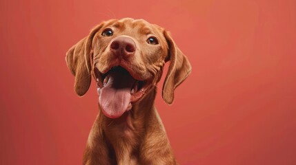 Portrait photography of a cute little Vizsla happy smiling , studio shot isolated on single color background ,editorial style, shoot by DSLR .