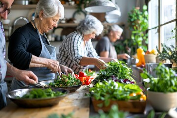 A group of senior citizens prepare a meal in a kitchen during a healthy cooking class