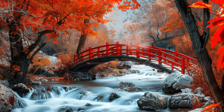 Autumn in Japan: Tranquil Wooden Bridge Surrounded by Red Leaves Over a Flowing Stream