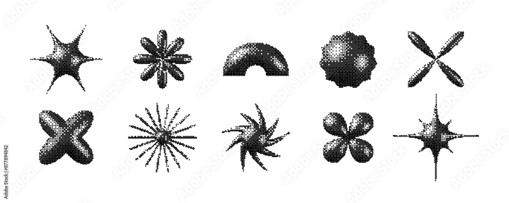 Poster pixelated 3d y2k shapes set. bitmap stars, flowers, sparkles element collection. retro 8 bit sticker