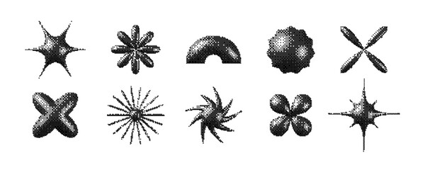 Pixelated 3d Y2K shapes set. Bitmap stars, flowers, sparkles element collection. Retro 8 bit sticker forms for posters, banners, collage, graphic design, tattoo. Vector dither pack