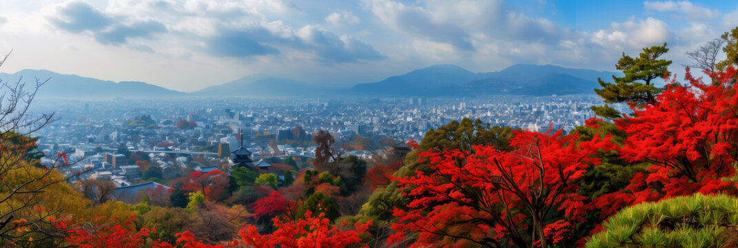 Travel Advertisement: Japanese Cityscape with Autumn Red Maples
