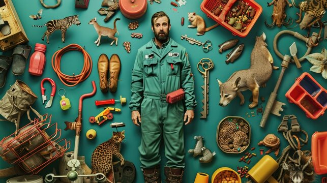 A man laying on the ground with a lot of random objects surrounding him. AIGZ01