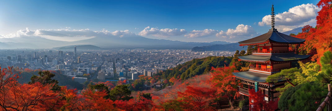 Cityscape of Japan in Autumn with Red Maples on Hillsides