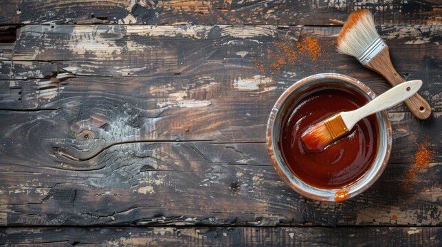 Barbecue sauce in a saucer on rustic wooden table with brush and copy space