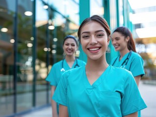 Fototapeta premium Three women in blue scrubs are smiling for the camera
