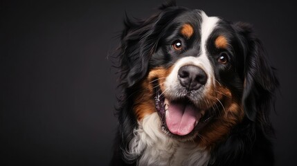 Portrait photography of a cute little Bernese Mountain Dog happy smiling , studio shot isolated on single color background ,editorial style, shoot by DSLR .