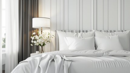 Bedroom design with white bedding striped headboard bedside lamp and pillows Clean and cozy room