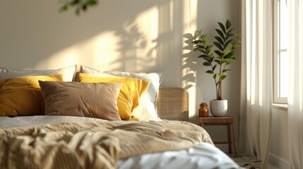 Bedroom with pillows space for text Comfortable and welcoming atmosphere Zoomed in view