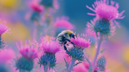 Bee perched on thistle amid colorful natural beauty