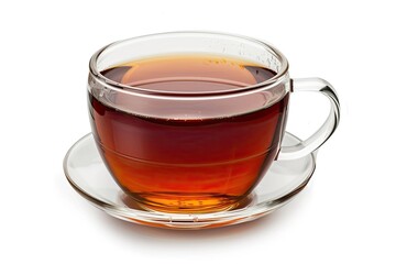 Clear glass cup full of aromatic black tea on matching saucer