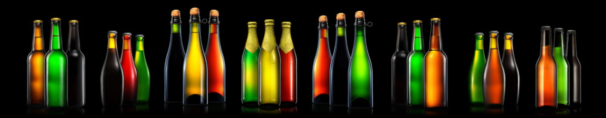 Set of beer, wine and champagne bottles isolated on black background