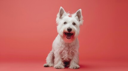 Portrait photography of a cute little West Highland White Terrier happy smiling , studio shot isolated on single color background ,editorial style, shoot by DSLR .