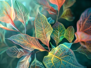 2. Vivid botanical specimen featuring delicate veins and textures, set within a futuristic digital landscape