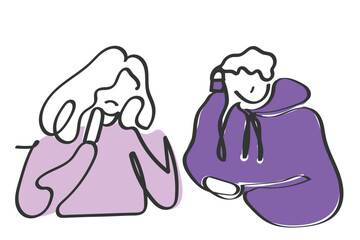 hand drawn line art vector of a fight between siblings. Disagreement in friends over mistake by the second friend