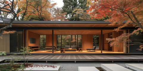Contemporary Tea House Featuring Open Sliding Doors and Stunning Red Maple Garden