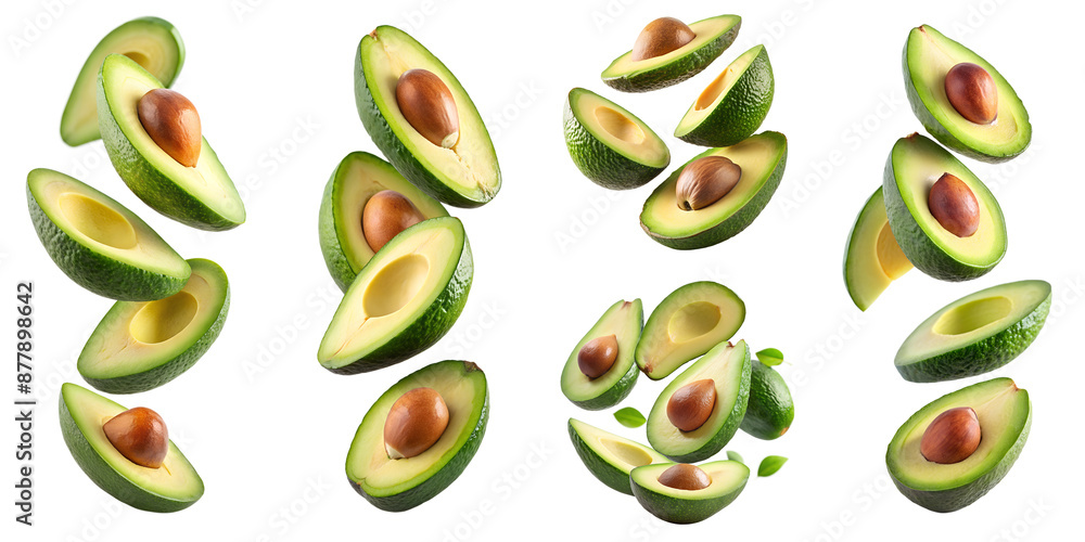 Wall mural avocado slices flying isolated on transparent background png file