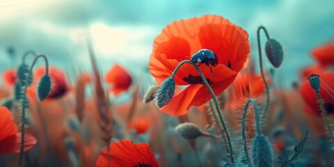 A field of vibrant red poppies growing under a cloudy sky, suitable for use in nature and landscape themed designs