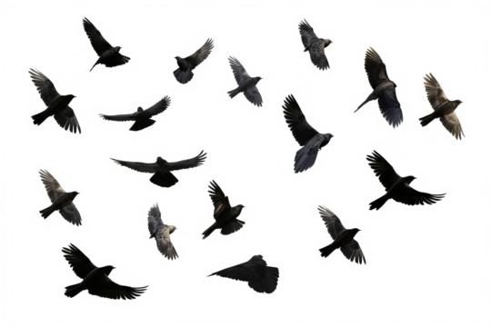 Flock of birds in flight with transparent background for easy decoration projects in PNG style