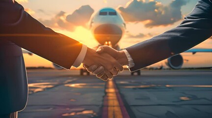 Business handshake in the foreground with an airplane landing in the backdrop, symbolizing global partnerships and corporate travel agreements