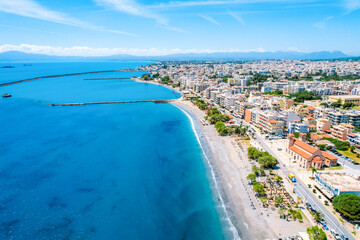 Kalamata Marina port. Aerial photo of Kalamata city, blue long beach in Messenia, Peloponnese, Greece