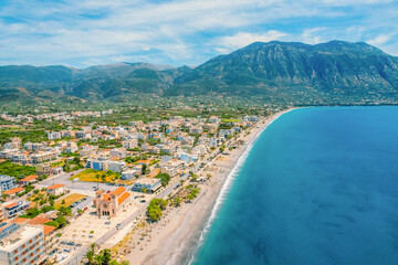 Kalamata Marina port. Aerial photo of Kalamata city, blue long beach in Messenia, Peloponnese, Greece