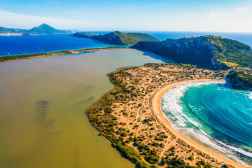 Aerial view of voidokilia beach, lagoon with beaches in mediterranean, Ionian Sea, Pylos town ,...