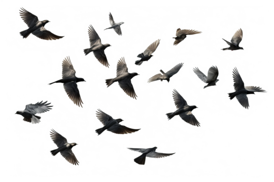 Flock of birds in flight with transparent background for easy decoration projects in PNG style
