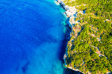 Blue caves on Zakynthos island or Zante Island, Greece. Beautiful views of azure sea water and nature with cliffs cave