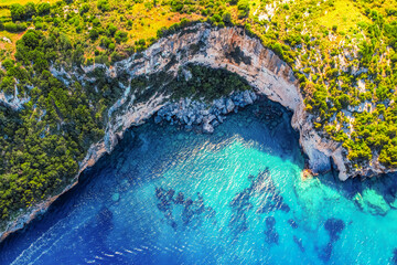 Blue caves on Zakynthos island or Zante Island, Greece. Beautiful views of azure sea water and nature with cliffs cave