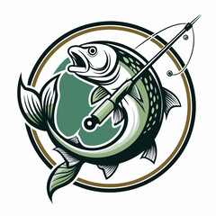 fishing rod and reel circle vector illustration logo style white background