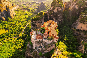 The monastery Meteora, aerila rocky monasteries complex in Greece near Kalabaka city. Holy...