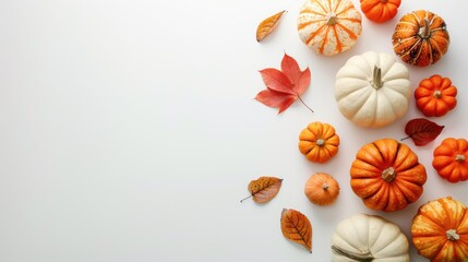 Flat lay of autumn pumpkins and gourds, minimalistic design, white background, seasonal still life