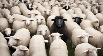 Obraz premium A black sheep among a flock of white sheep, raising head, Concept of standing out from the crowd, of being different and unique with its own identity, Herd concept 