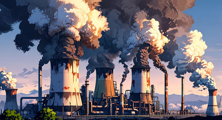 Chemical industries releasing toxic smokes into the air and causing serious pollution. Environmental destruction increasing climate change and global warming, dull and dusky environment

