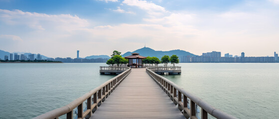 Serene Lake Pavilion with Wooden Pier and City Skyline